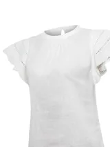 Blusa de algodón orgánico y ramie, color blanco, con cuello redondo y mangas cortas adornadas con detalles de crochet.