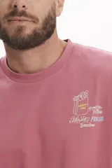 Remera de manga corta, color verde menta, con cuello redondo y un pequeño estampado gráfico en el pecho.