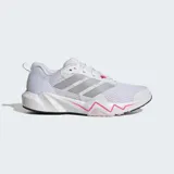 Championes de entrenamiento Adidas Rapidmove Go, diseñados para actividades de alta intensidad y gimnasio. Presentan un exterior de malla transpirable en color blanco con las icónicas tres tiras laterales en gris y detalles en fucsia. Incorporan tecnología Lightmotion en la mediasuela para una amortiguación ultraligera y tecnología Climacool para mayor frescura.