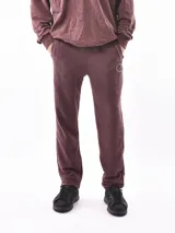 Pantalon de jogging color bordó, con corte recto y bolsillos laterales. Presenta un pequeño logo circular estampado en la parte superior del muslo izquierdo.