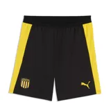Short de entrenamiento Puma del Club Peñarol para hombre, color negro con bandas laterales amarillas, el escudo del club y el logo de la marca en el frente.