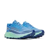Championes de trail running Merrell modelo Agility Peak 6, color azul con entresuela en tono verde menta y suela azul oscuro. Presentan diseño técnico con malla transpirable, refuerzos en TPU y suela Vibram MegaGrip de alto rendimiento.