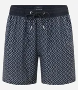 Bermuda de baño masculina confeccionada en microfibra, con estampado geométrico, cintura elástica con cordón ajustable y bolsillo lateral.