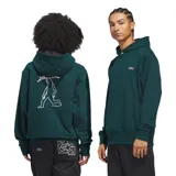 Canguro Adidas Gonz Graph de color verde oscuro, con capucha y bolsillo canguro delantero. Presenta un pequeño parche con el logo de la marca en el pecho y un estampado gráfico lineal en la espalda.