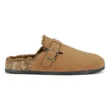 Zueco casual para mujer de color marrón, con diseño cerrado en la parte delantera, tira ajustable con hebilla metálica y detalle de corderito sintético en el interior y el borde superior. Cuenta con suela de goma con textura de corcho en los laterales.