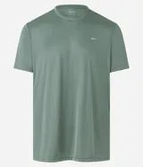 Remera deportiva de poliéster color gris claro, con cuello redondo, mangas cortas y recortes laterales de poliamida. Corte clásico.