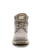 Bota de cuero tipo borceguí en color gris, con diseño robusto y suela de goma dentada inspirada en maquinaria pesada. Cuenta con cordones frontales, cuello acolchado y el logo de la marca grabado en el lateral y en la lengüeta.