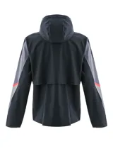 Campera deportiva Under Armour modelo Velocti Strm Hdd, color negro con capucha y cierre frontal. Cuenta con tecnología UA Storm impermeable, detalles reflectantes y diseño con paneles grises y franjas en las mangas.