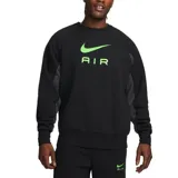 Buzo Nike Air de cuello redondo, color negro con paneles laterales en gris oscuro. Presenta el logo de la marca y la inscripción AIR estampados en el frente en color verde claro.