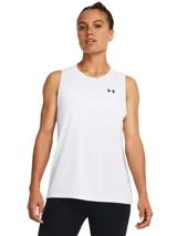 Musculosa deportiva Under Armour de corte holgado, color blanco, con cuello redondo y logo de la marca estampado en el pecho. Confeccionada en tejido técnico de secado rápido y tacto suave.