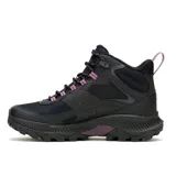 Bota de trekking Merrell modelo Speed Strike 2 Mid, de diseño atlético e impermeable. Presenta una combinación de malla y cuero sintético en color negro con detalles en violeta. Cuenta con suela de goma de alta tracción, cuello acolchado y cierre mediante cordones.