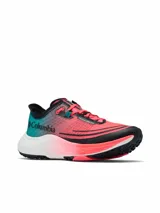 Championes de trail running Columbia Konos Speed Trail At Omni-Max, modelo ultraligero con diseño degradado en tonos fucsia, negro y verde turquesa, entresuela blanca y suela con tracción especializada.