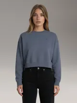 Buzo tipo fleece color azul grisáceo, con cuello redondo, corte regular y logo de Calvin Klein bordado en el pecho.