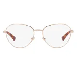 Armazón para lentes oftálmicos Ralph modelo 6054, color dorado con detalles carey en las patillas. Diseño ovalado con montura metálica.