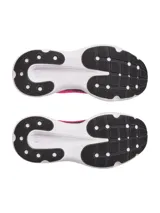 Championes de running Under Armour modelo Infinite, con parte superior de tejido de punto en degradado de fucsia a negro. Presenta entresuela blanca con tecnología de amortiguación HOVR y logo de la marca en el talón.