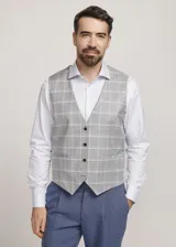 Chaleco reversible Due Volti de corte sastrero, con diseño a cuadros en tonos de gris y cierre frontal con cuatro botones oscuros.