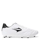Championes de fútbol Topper modelo San Ciro V FG, color blanco con detalles en negro. Confeccionados en cuero sintético de alta calidad con costuras reforzadas en la capellada para un mejor control del balón y suela con tapones para césped natural.