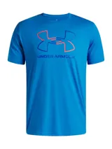 Remera de manga corta Under Armour, color azul, con cuello redondo acanalado y estampado gráfico del logo de la marca en el frente en tonos azul y naranja.