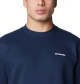 Buzo de cuello redondo para hombre, color azul marino, con puños y dobladillo acanalados. Presenta el logo de la marca Columbia bordado en el pecho.