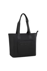Cartera tipo tote bag de color negro, con doble asa de hombro con inscripciones, bolsillo frontal con cierre y detalle metálico en forma de labios.