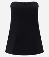 Blusa strapless negra confeccionada en bengalina con viscosa, con botones frontales y diseño estructurado de sastrería.