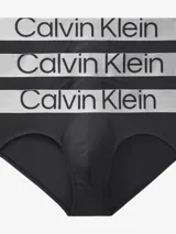 Pack de tres slips negros de microfibra reciclada, con cintura elástica plateada con el logo de Calvin Klein.
