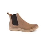 Bota Chelsea de cuero color chocolate, con elásticos laterales negros y tirador trasero.