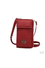 Porta celular Las Oreiro de diseño vertical, con solapa frontal y cierre perimetral. Presenta un aplique metálico circular con el logo de la marca en el frente y correa larga ajustable para llevar al hombro o cruzado.