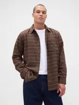 Camisa de franela de manga larga con estampado de cuadros en tonos marrones y ocres, cuenta con cuello clásico, cierre frontal con botones y un bolsillo en el pecho.