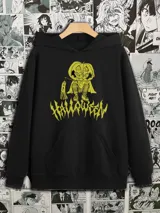 Canguro negro con capucha y bolsillo delantero. Estampado amarillo con un personaje calabaza y la palabra Halloween.