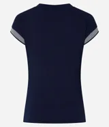 Blusa azul marino sin mangas de viscosa acanalada con cuello redondo y detalle de ribete a rayas en los hombros.