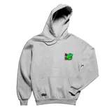 Canguro gris con capucha y bolsillo frontal tipo canguro. Presenta un pequeño estampado en el pecho con el personaje Reptar y caracteres japoneses, y un estampado grande en la espalda con el mismo diseño.