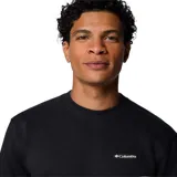 Buzo de cuello redondo marca Columbia, modelo Meridian Creek Crew, en color negro. Presenta mangas largas con puños acanalados, dobladillo y cuello también acanalados, y pequeño logo de la marca bordado en el pecho.