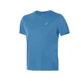 Remera deportiva Asics negra de manga corta, con logo blanco en el pecho y estampado con la leyenda "Asics Running" en caracteres japoneses Katakana.