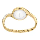 Reloj con brazalete rígido dorado con cristales incrustados, esfera blanca con tres cristales indicadores y agujas doradas.