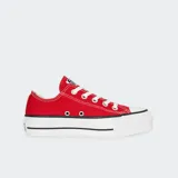 Championes Converse Chuck Taylor de lona color rojo, con plataforma blanca y cordones blancos.