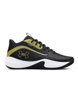 Championes de básquetbol Under Armour Lockdown 7, color negro con detalles en dorado y entresuela blanca. Presentan parte superior de malla transpirable con superposiciones de cuero y película para mayor sujeción, entresuela de EVA para una pisada ligera y reactiva, y suela exterior de caucho con patrón de tracción en espiga.