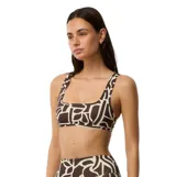 Corpiño de bikini Rip Curl modelo Sseries Crop, de corte deportivo con escote cuadrado y tirantes anchos, con diseño estampado geométrico en color marrón y beige.