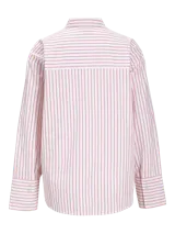 Camisa de popelín blanca de manga larga con cuello clásico y cierre frontal de botones ocultos, de ajuste relajado y puños anchos.