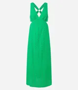Vestido midi de algodón color verde esmeralda con diseño de laser cut y recortes en la cintura. Presenta escote en V profundo y tirantes finos que se cruzan en la espalda con esferas decorativas.