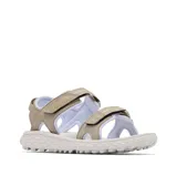 Sandalia de senderismo Columbia modelo Konos Hiker, color gris con detalles en blanco. Presenta diseño de dos correas ajustables con cierre de velcro, plantilla con tratamiento antimicrobiano y suela de caucho de alta tracción con tecnología Omni-Grip.