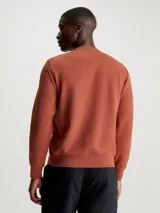Buzo de hombre color terracota, confeccionado en mezcla de algodón y poliéster, con cuello redondo, puños y bajo acanalados. Presenta un micro logo de Calvin Klein en contraste en el pecho.