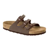 Sandalia Birkenstock modelo Florida con tres correas ajustables con hebillas metálicas. Presenta una plantilla anatómica de corcho y látex con recubrimiento de gamuza y suela de goma antideslizante.