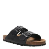 Sandalias tipo Birkenstock marca Freeway, color negro, con doble tira ajustable mediante hebillas metálicas y plantilla anatómica de corcho.