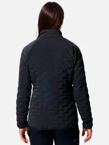 Campera técnica de plumón Mountain Hardwear, modelo Stretchdown Light, color negro. Presenta un diseño acolchado con compartimentos elásticos, cierre frontal completo, cuello alto y bolsillos laterales con cremallera. Los puños cuentan con ribete elástico para mayor ajuste.