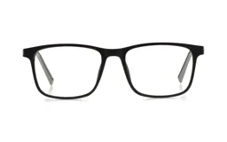 Armazón de anteojos de acetato en color negro mate, con diseño rectangular y estilo clásico.