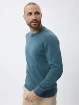 Sweater de algodón con cuello redondo, manga larga y calce regular. Presenta un diseño liso con un pequeño detalle bordado en el pecho.