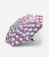 Paraguas plegable con estampado integral de Hello Kitty sobre fondo fucsia. Cuenta con mango regulador, correa de mano y funda de transporte a juego.