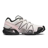 Championes de trail running Salomon Speedcross 3, color blanco marfil con detalles en rosa claro y negro, sistema de cordones Quicklace, suela Contagrip y amortiguación ligera.