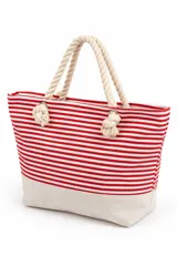 Bolso tipo tote con diseño a rayas horizontales rojas y blancas, base de lona beige y asas de soga con nudos decorativos.